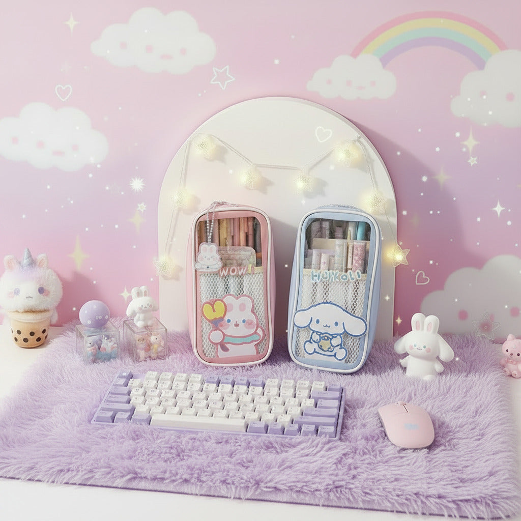 Cute kawaii cartoon stationery large-capacity pencil cases in pastel colors displayed on a desk with decorative accessories, perfect for organizing pens, pencils, markers, school supplies, and office stationery.
