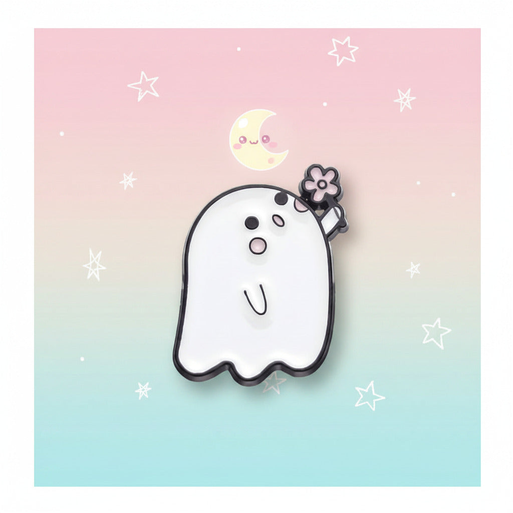 Cute ghost-shaped character with a flower on a white and pastel background with a kawaii moon and white hand-drawn stars