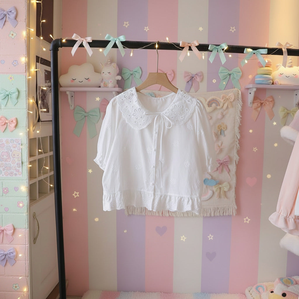 White blouse with lace details hanging on a wooden hanger against a pastel striped wall.