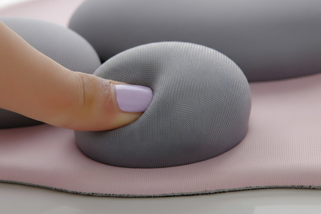 A close-up of a finger pressing into a gray textured ergonomic mouse pad with a pink underside.