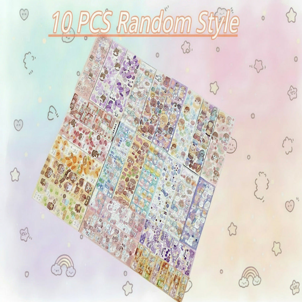 Sheet of colorful stickers with various designs on a white background, labeled '10 PCS Random Style'.