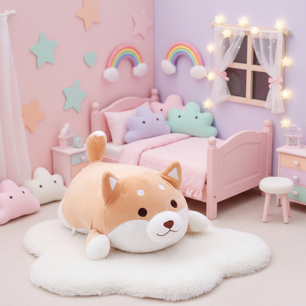 Cute plush doge toy shaped like a dog on a white and pastel rainbow doll house type background