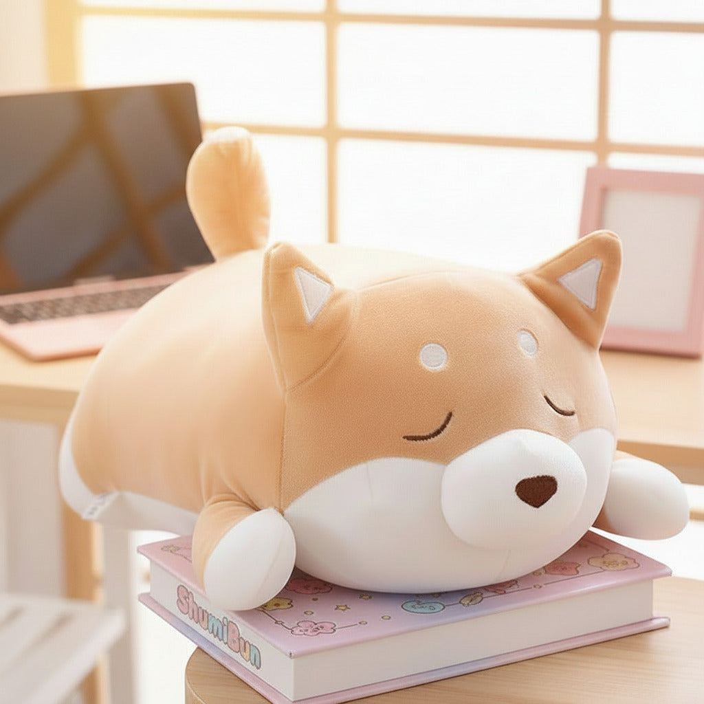 Plush dog-shaped pillow on a book with 'shumibun' branding