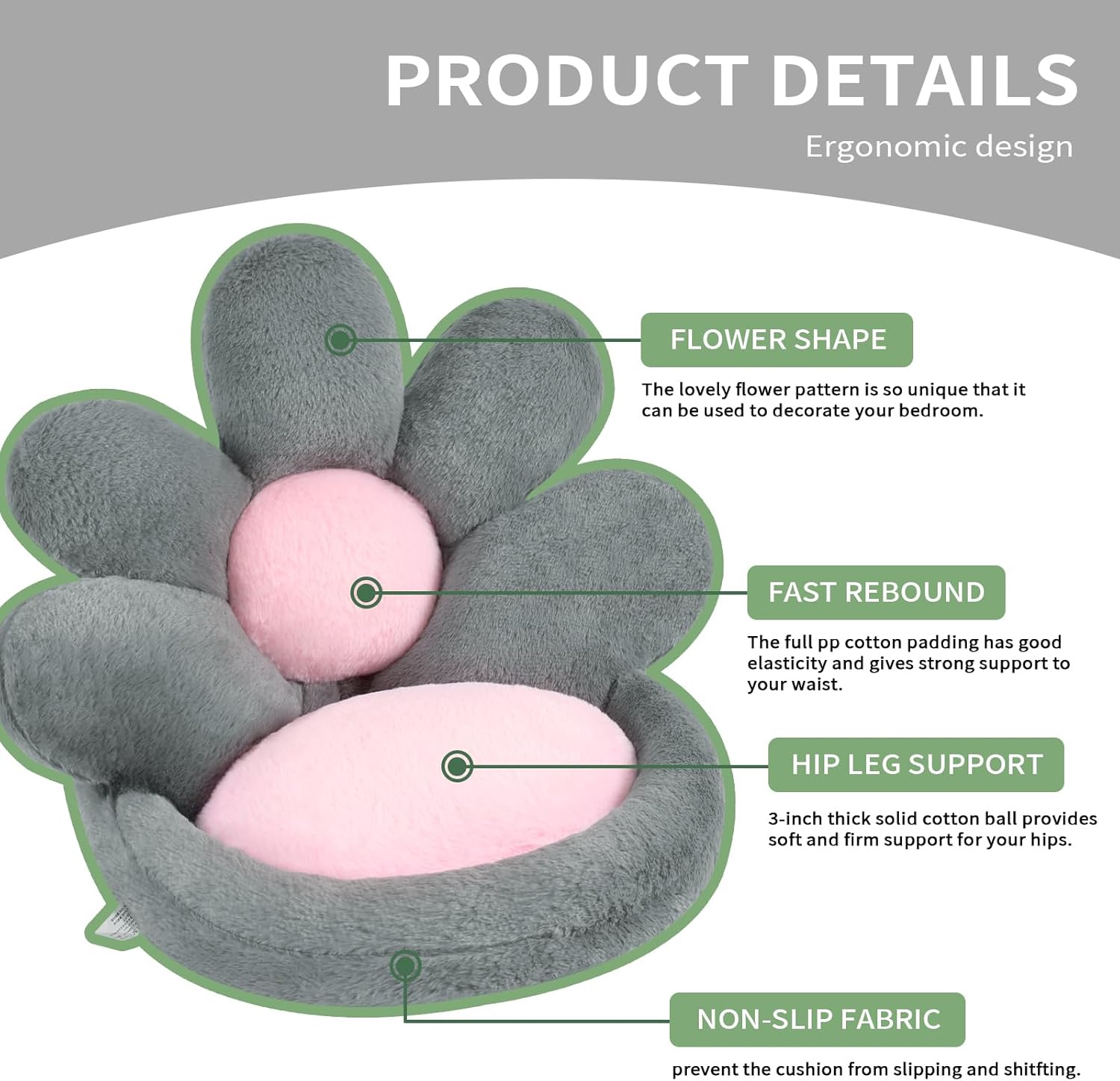 Flower-shaped cushion with text detailing its features on a gray background