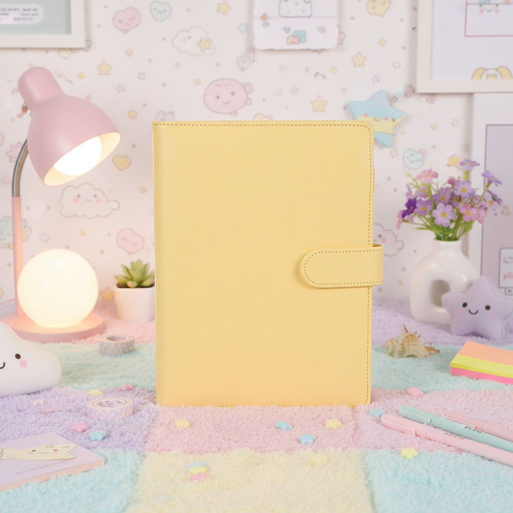 Open kawaii ring binder notebook displayed on a wooden tabletop, featuring a clean aesthetic design perfect for journaling, planning, note-taking, school supplies, and cute Japanese-inspired stationery.
