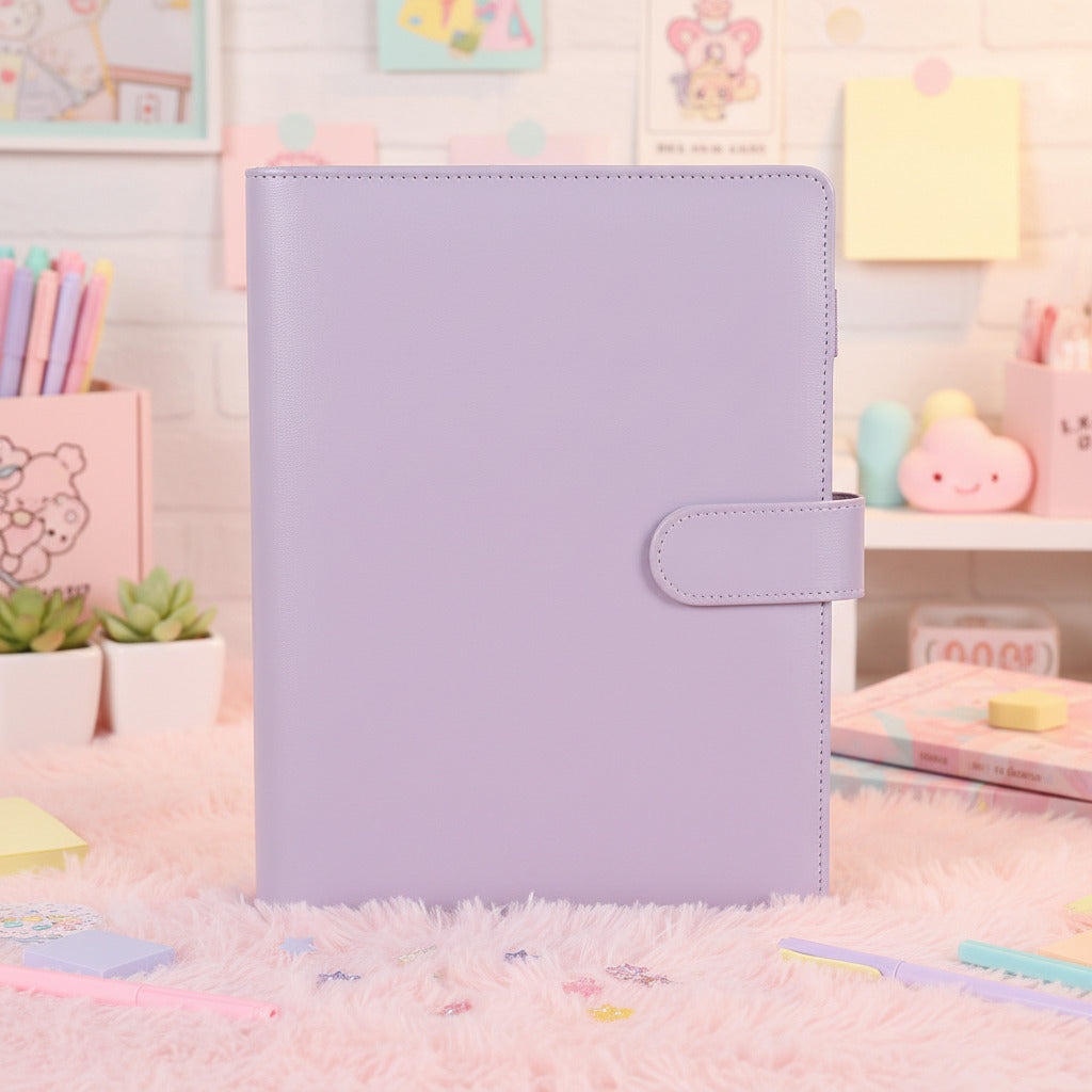 Adorable kawaii purple leather ring binder notebook with a refillable planner design, displayed on a wooden table with soft floral accents. Perfect for journaling, planning, note-taking, school, office, and cute aesthetic stationery lovers.