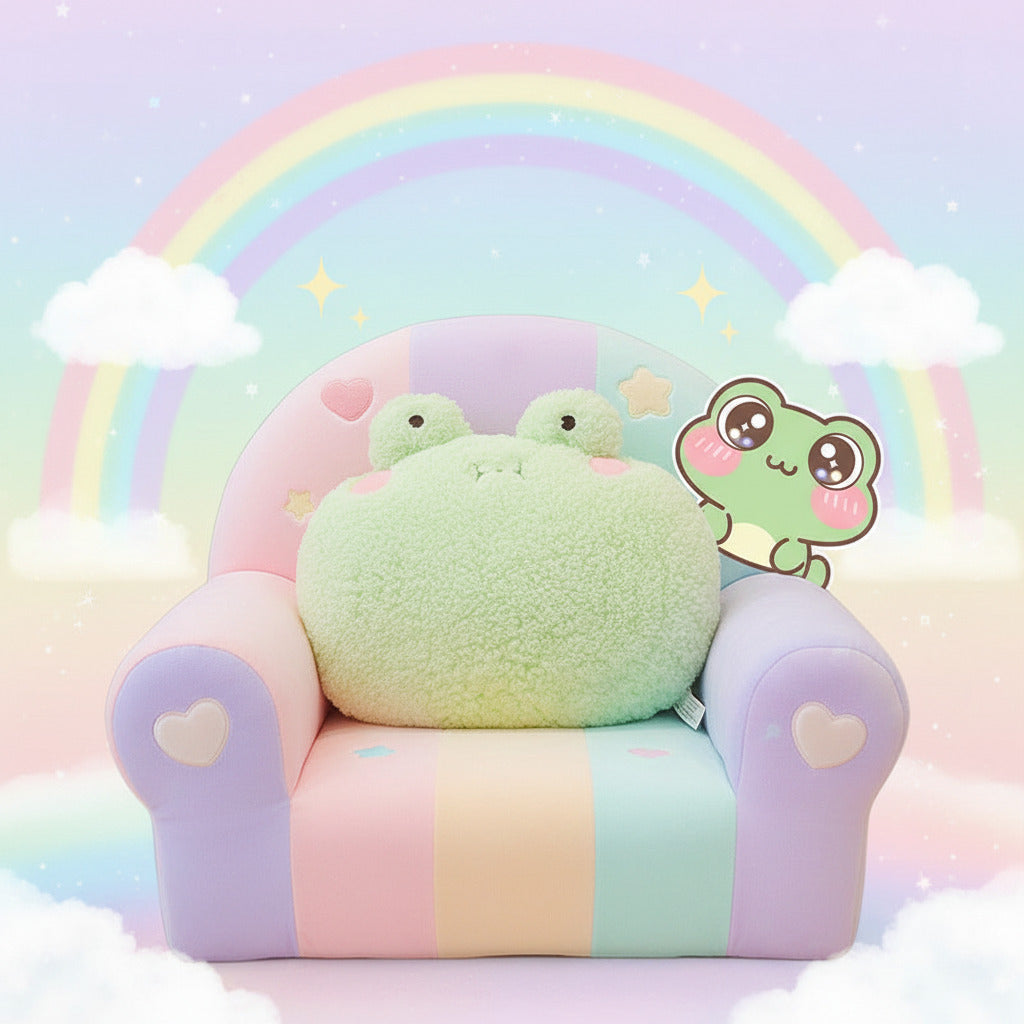 Light green plush frog toy on a wooden chair against a beige wall