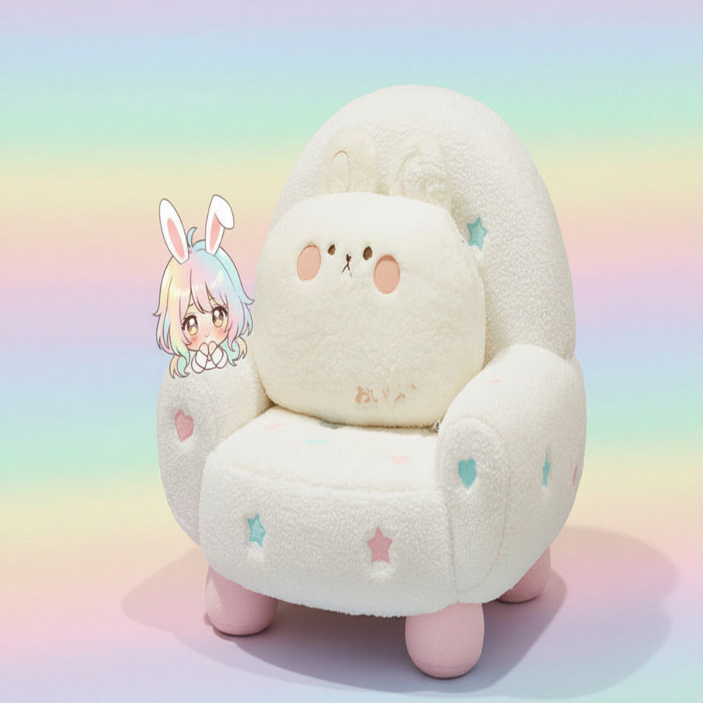 Plush animal-shaped pillow on a chair with a pastel rainbow background