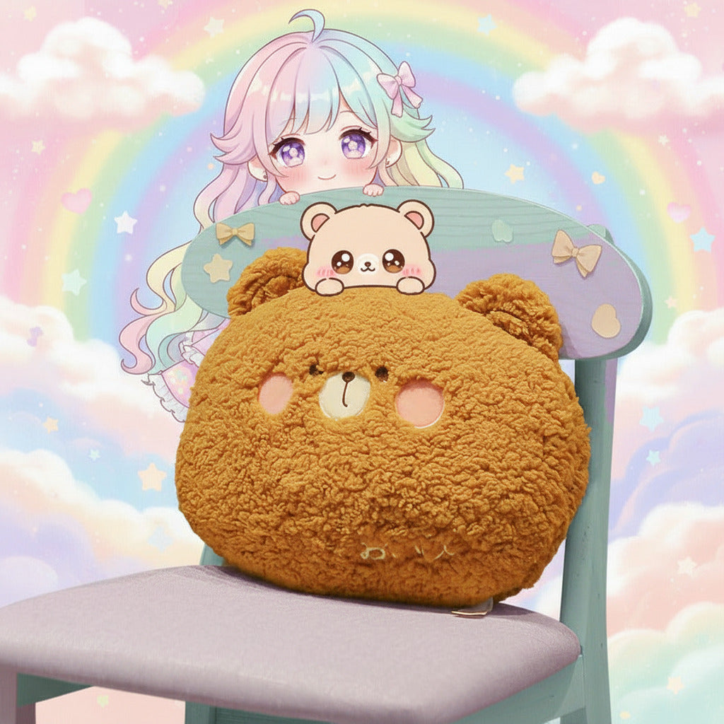 Round brown plush toy with a face on a wooden chair against a beige wall.