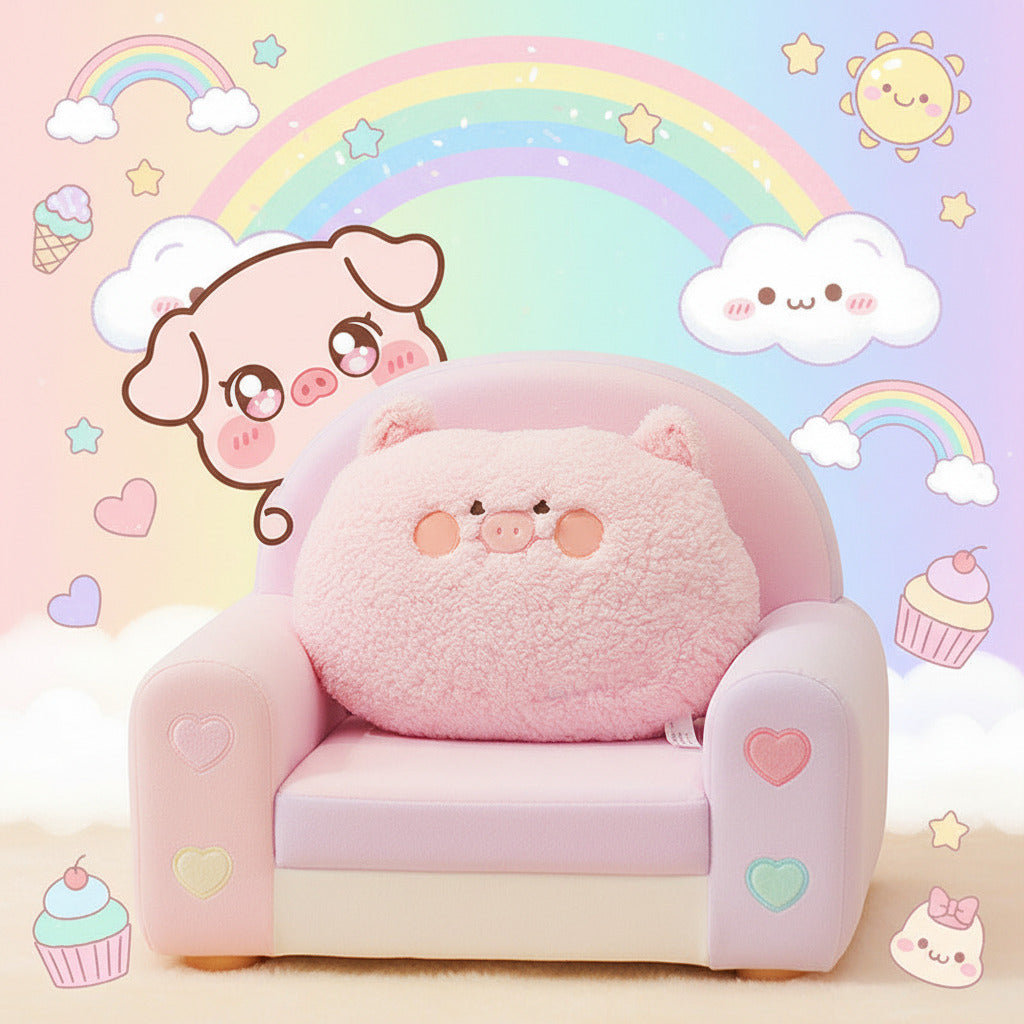 Pink plush cat pillow on a wooden chair against a pastel rainbow wall