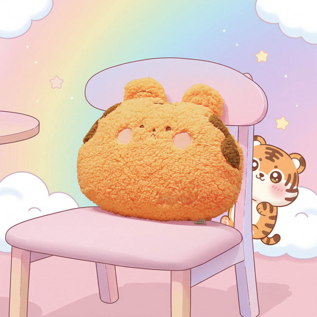Plush toy resembling a cartoon character on a chair with a plain background