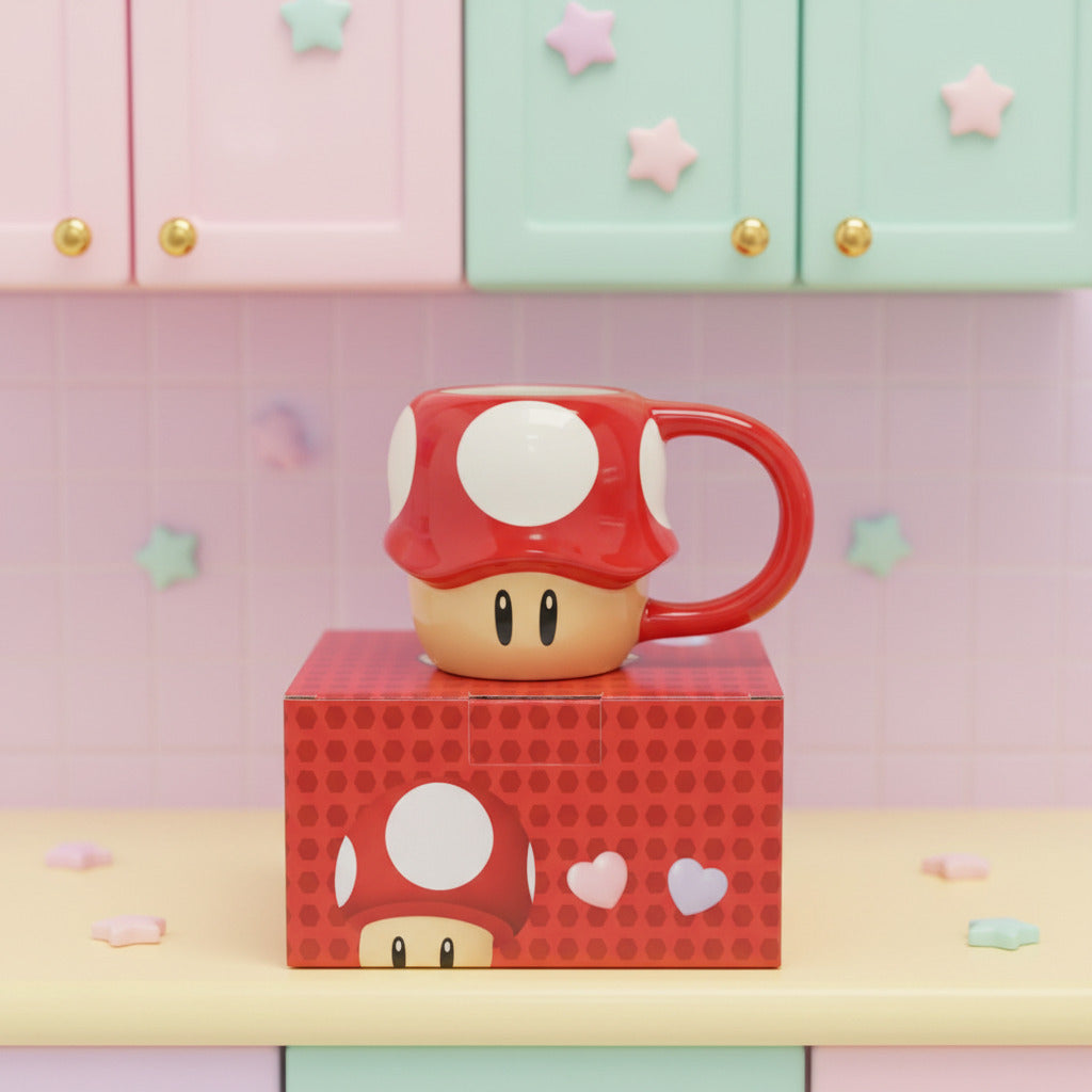 A Super Mario mushroom-shaped ceramic mug with a red cap, white spots, and a beige face, shown sitting on top of its red patterned retail box against a white and pastel background.
