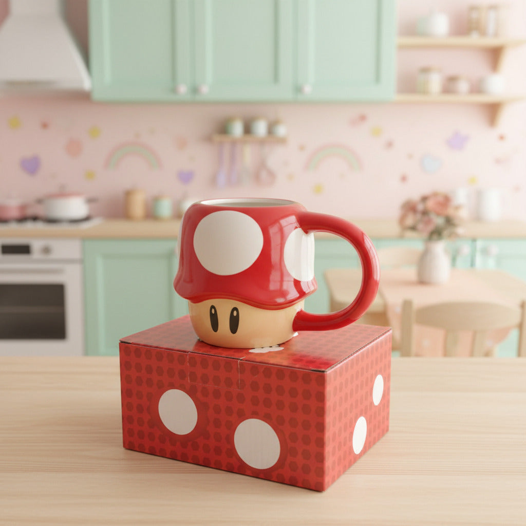 A ceramic mug shaped like a red mushroom cap from Super Mario, sitting on top of its red patterned retail box against a white background.