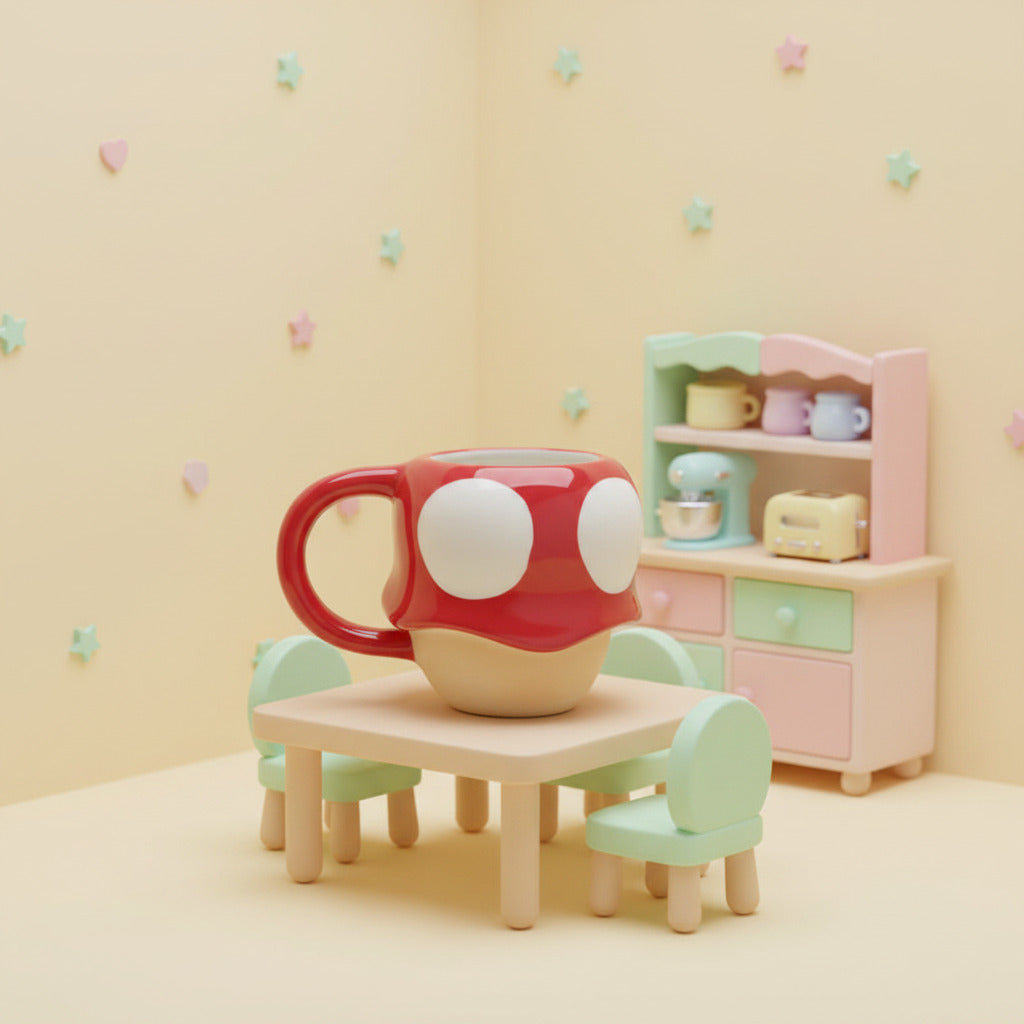 A ceramic mug designed to look like a Super Mushroom from Mario Kart, featuring a glossy red body with two white circular eyes and a beige underside, shown on a plain white background.