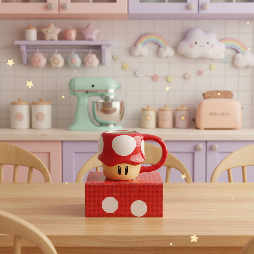 A red and white mushroom-shaped ceramic mug designed to look like a Super Mario mushroom, resting on top of its red patterned retail box against a white background.