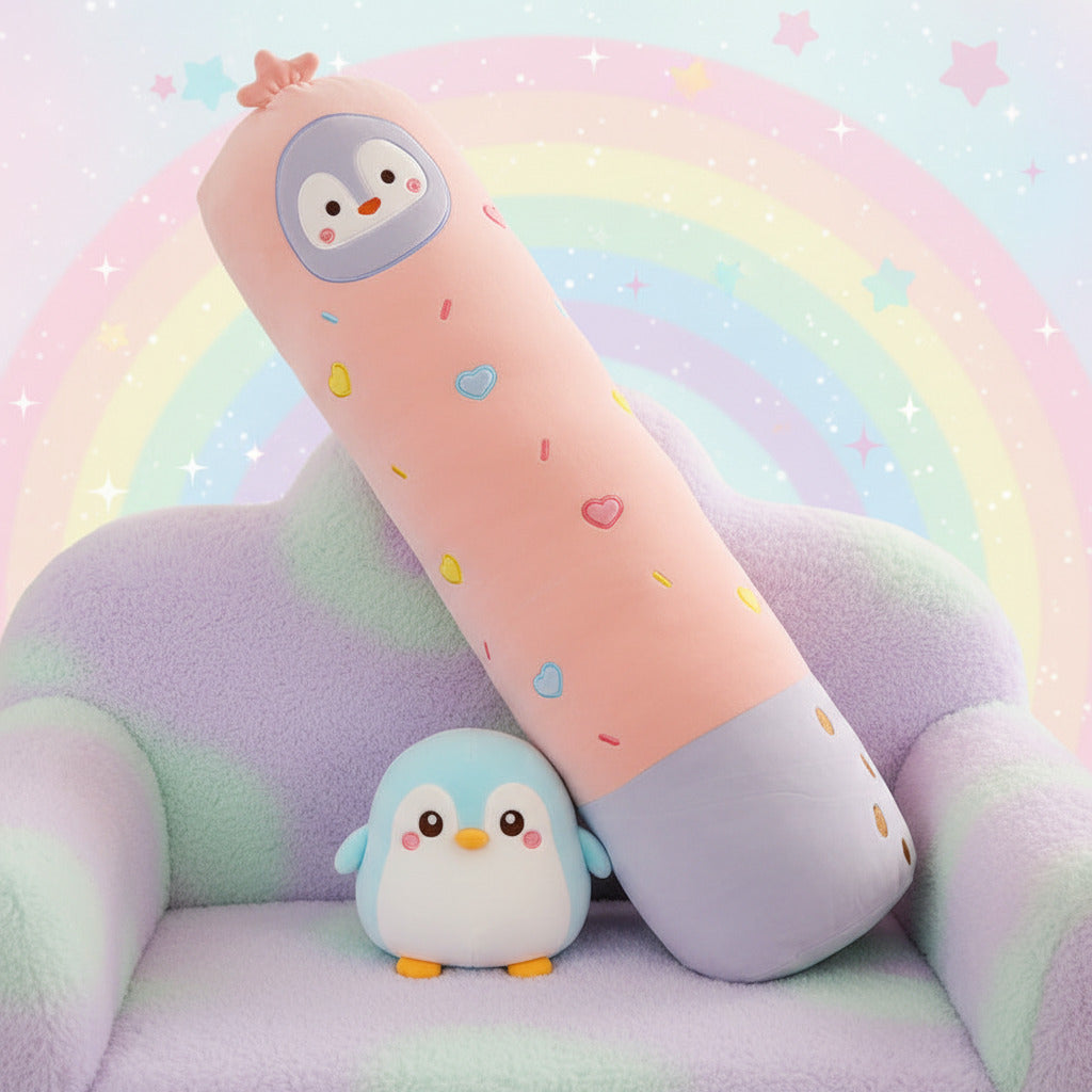 Long cylindrical pillow with cartoon penguin design on a couch and a pastel rainbow background