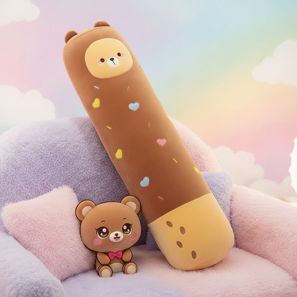 Brown bear-shaped plush pillow on a couch with colorful heart patterns.