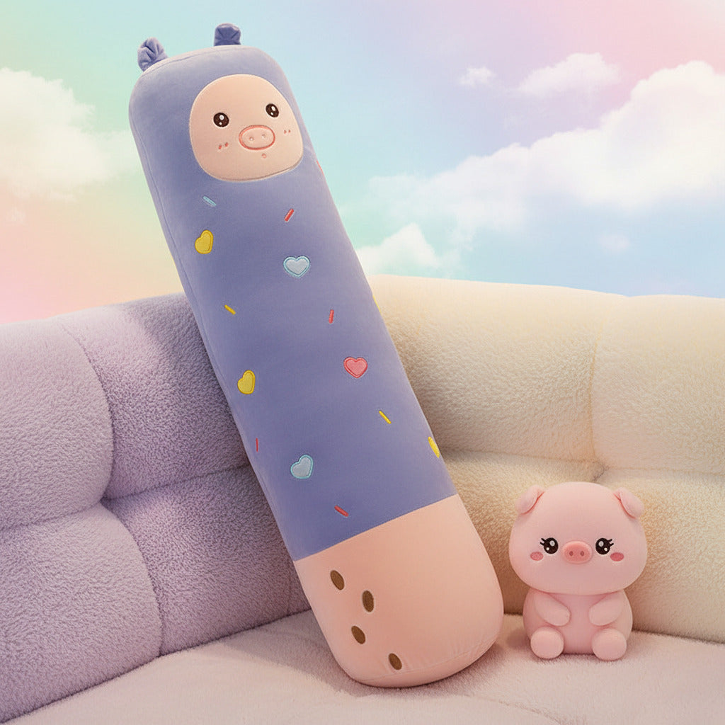 Cylindrical plush toy with cartoon face on a couch in a pastel rainbow room
