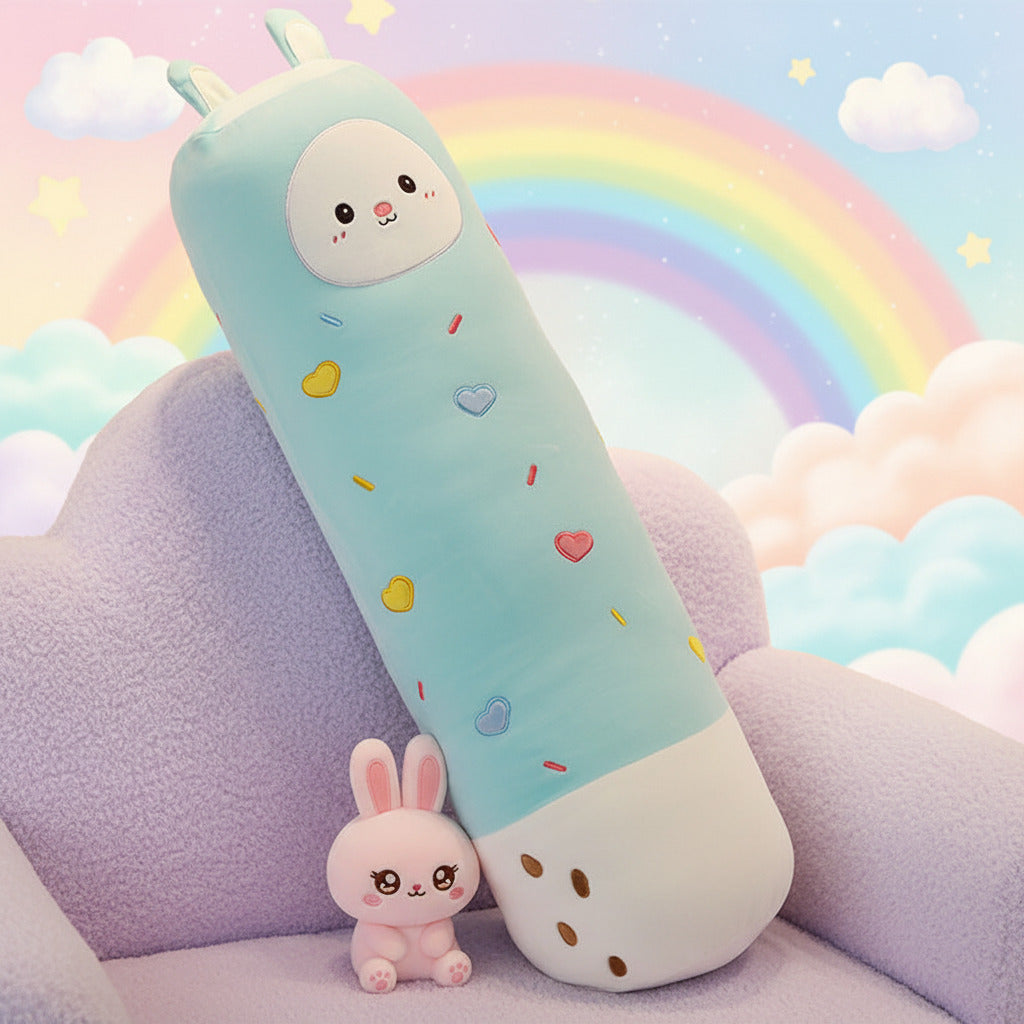 Cute cartoon-shaped pillow on a couch with colorful decorations.