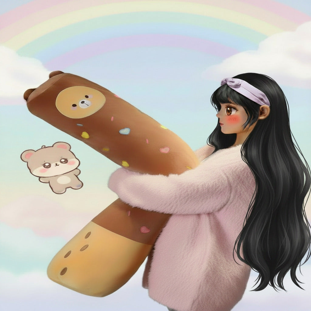 Woman holding a large brown bear-shaped pillow with a pastel rainbow background