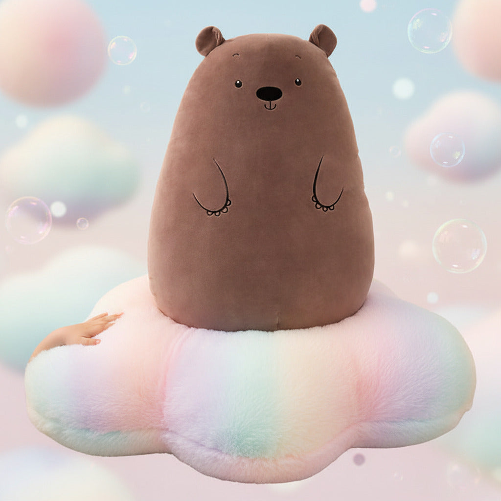 Plush bear pillow on a wooden floor with a warm ambiance