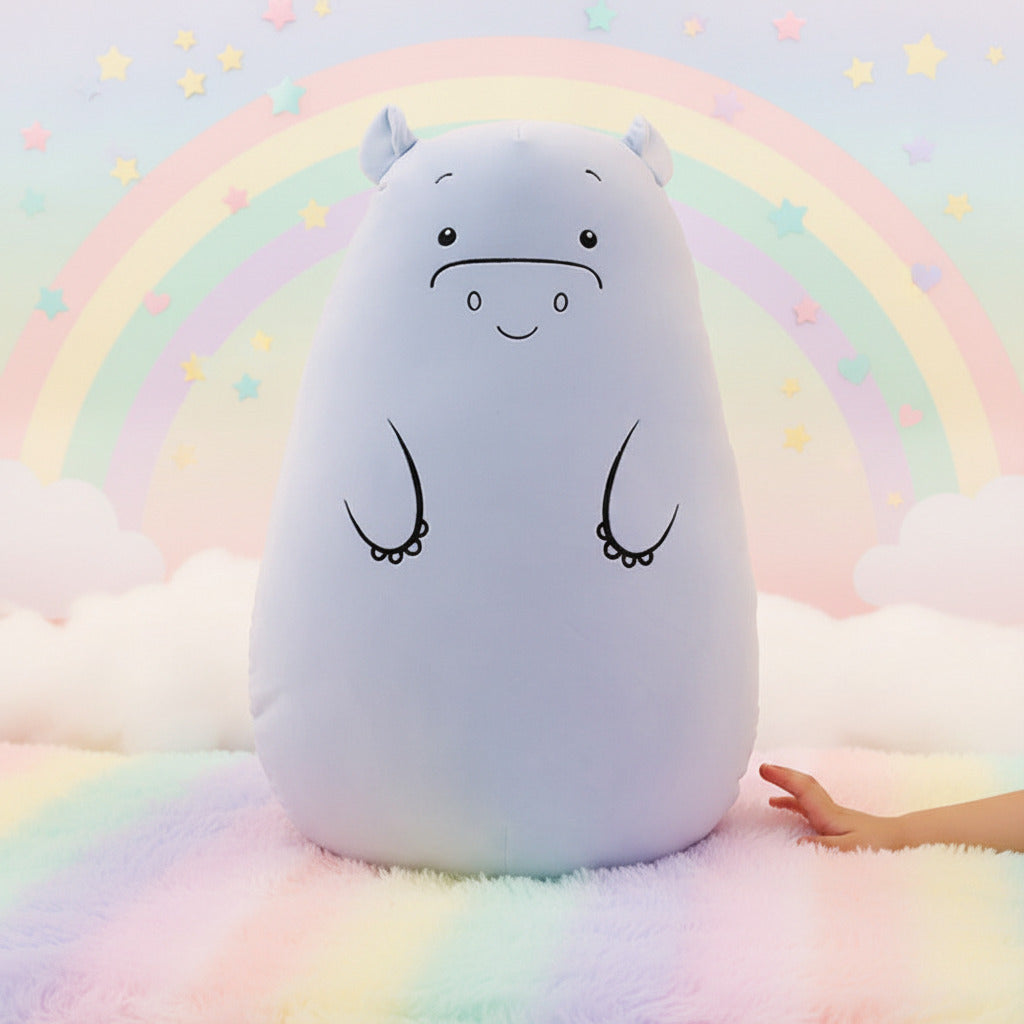 Hippo-shaped plush toy on a wooden surface with a blurred background