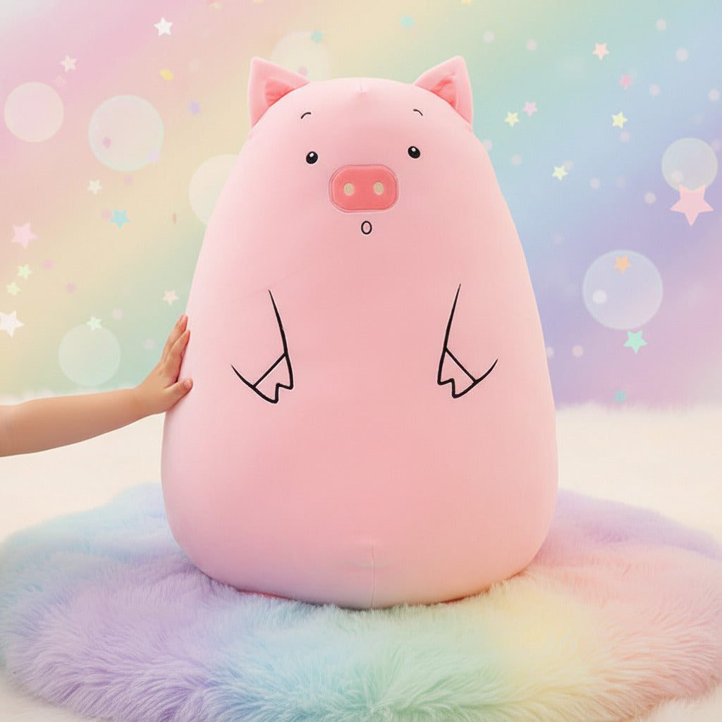 Pink pig-shaped cushion on a wooden surface with a blurred pastel rainbow  background