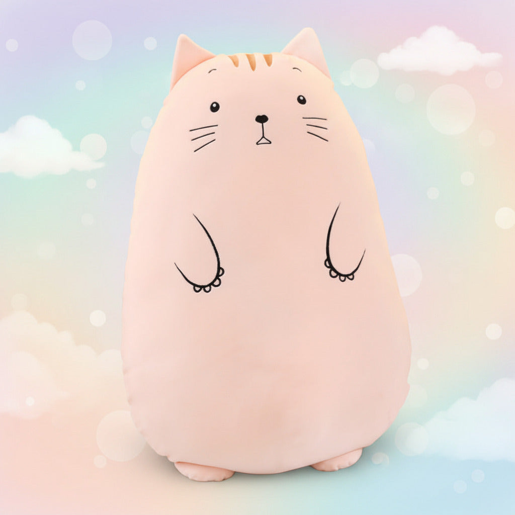 Pink cat-shaped cushion on a bed with wooden headboard and light background