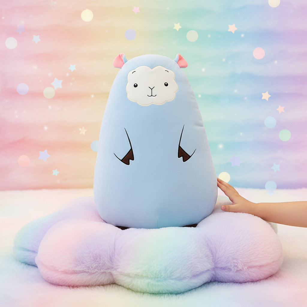 Plush toy shaped like a sheep on a wooden surface with a blurred pastel rainbow background