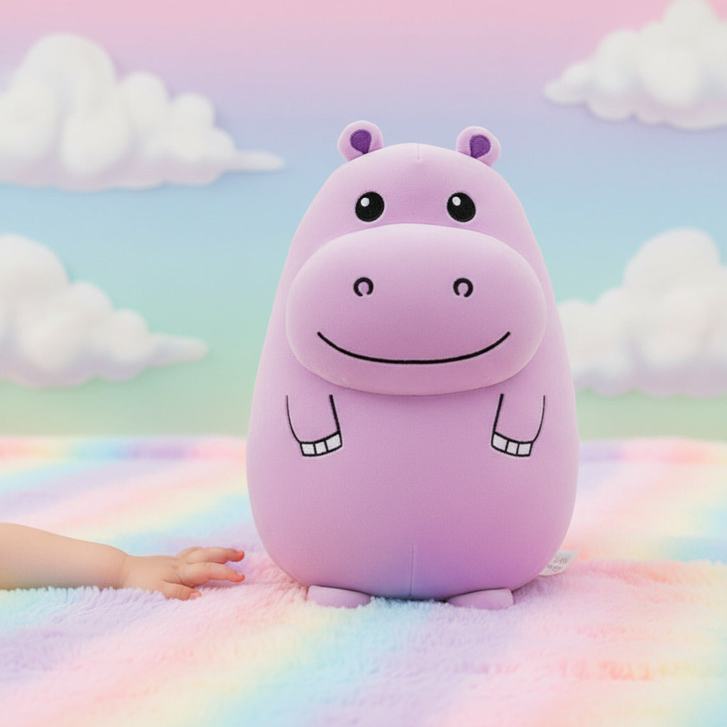 Purple cartoon hippo plush toy on a surface with a blurred pastel rainbow background