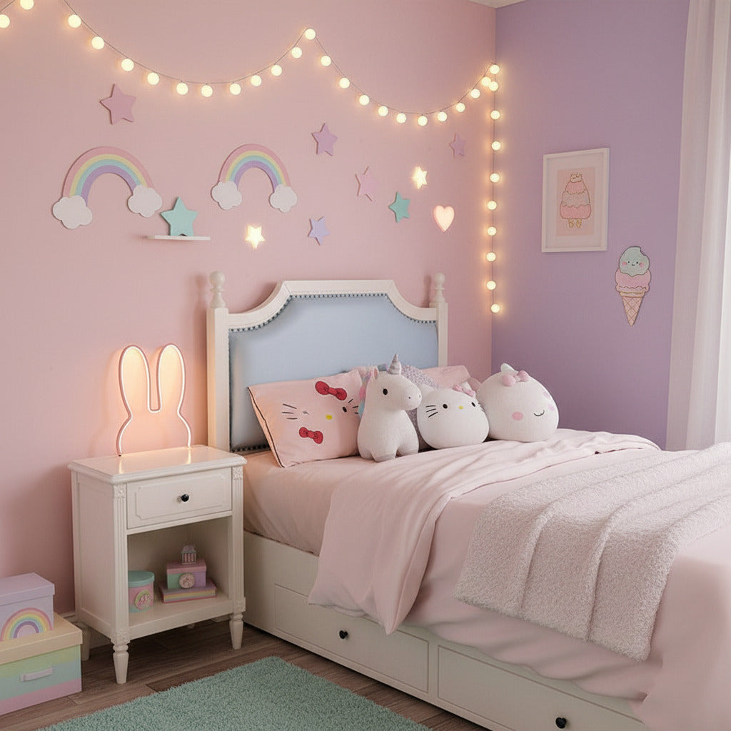 Neon bunny-shaped lamp on a nightstand next to a bed with a Hello Kitty pillow.
