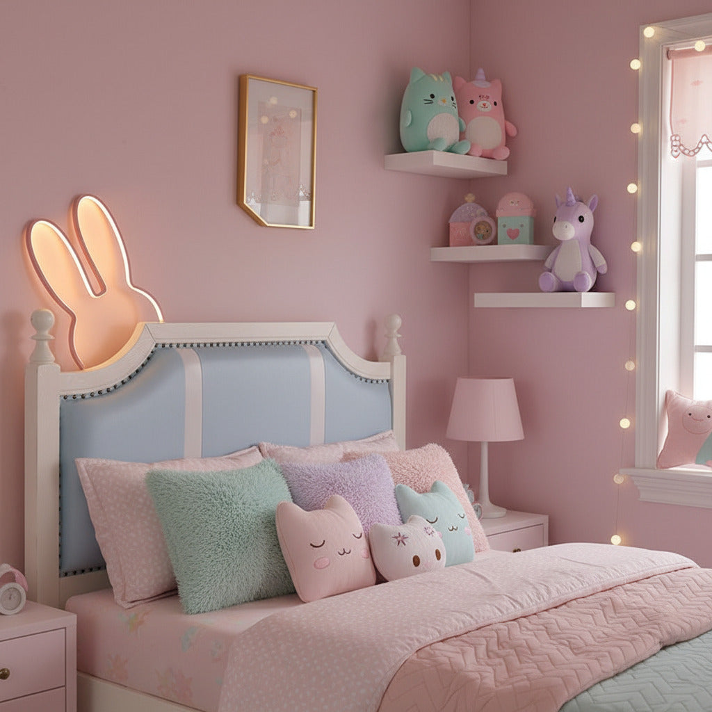 Neon bunny light on a headboard against a pink wall