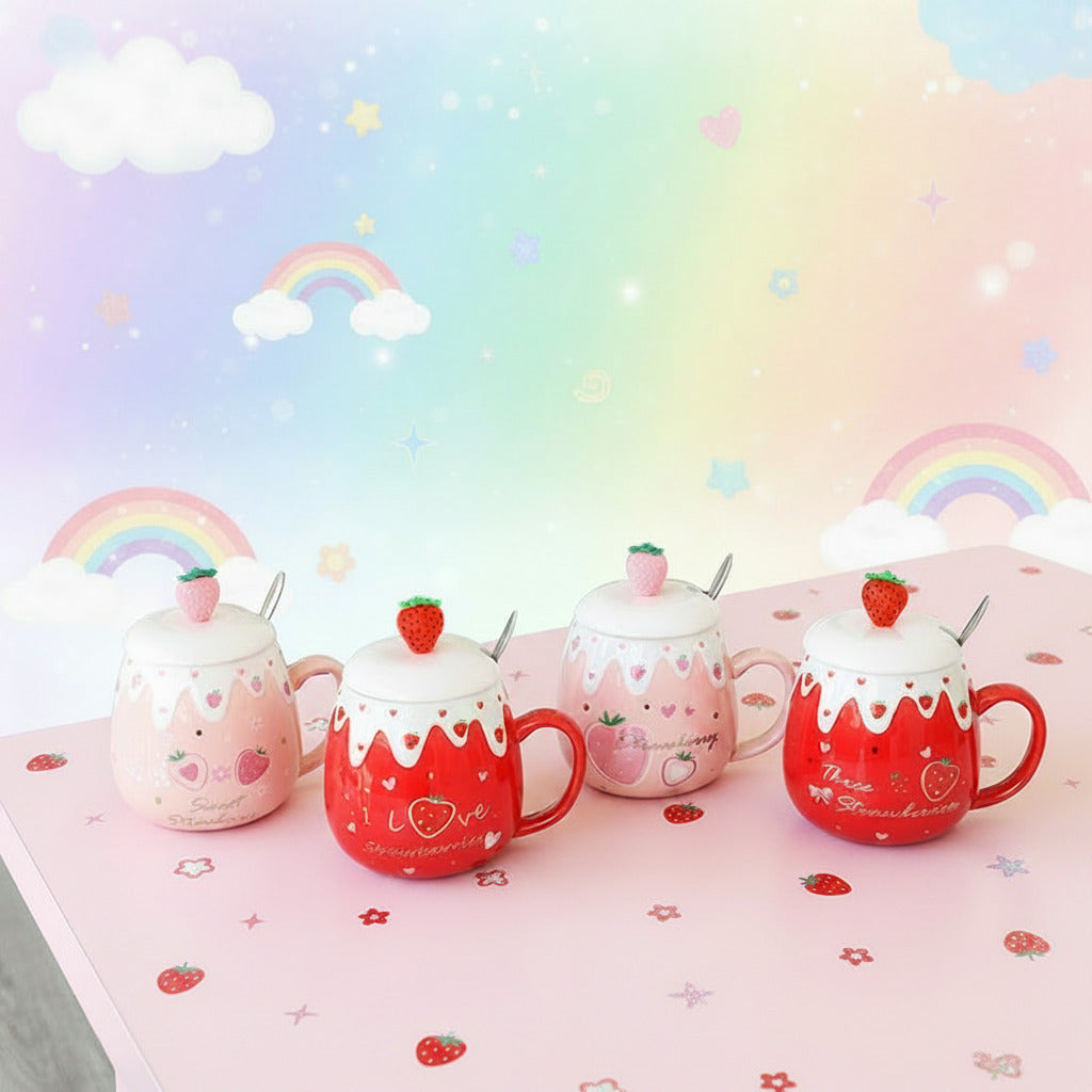 Set of four decorative mugs with strawberry designs on a kawaii table.
