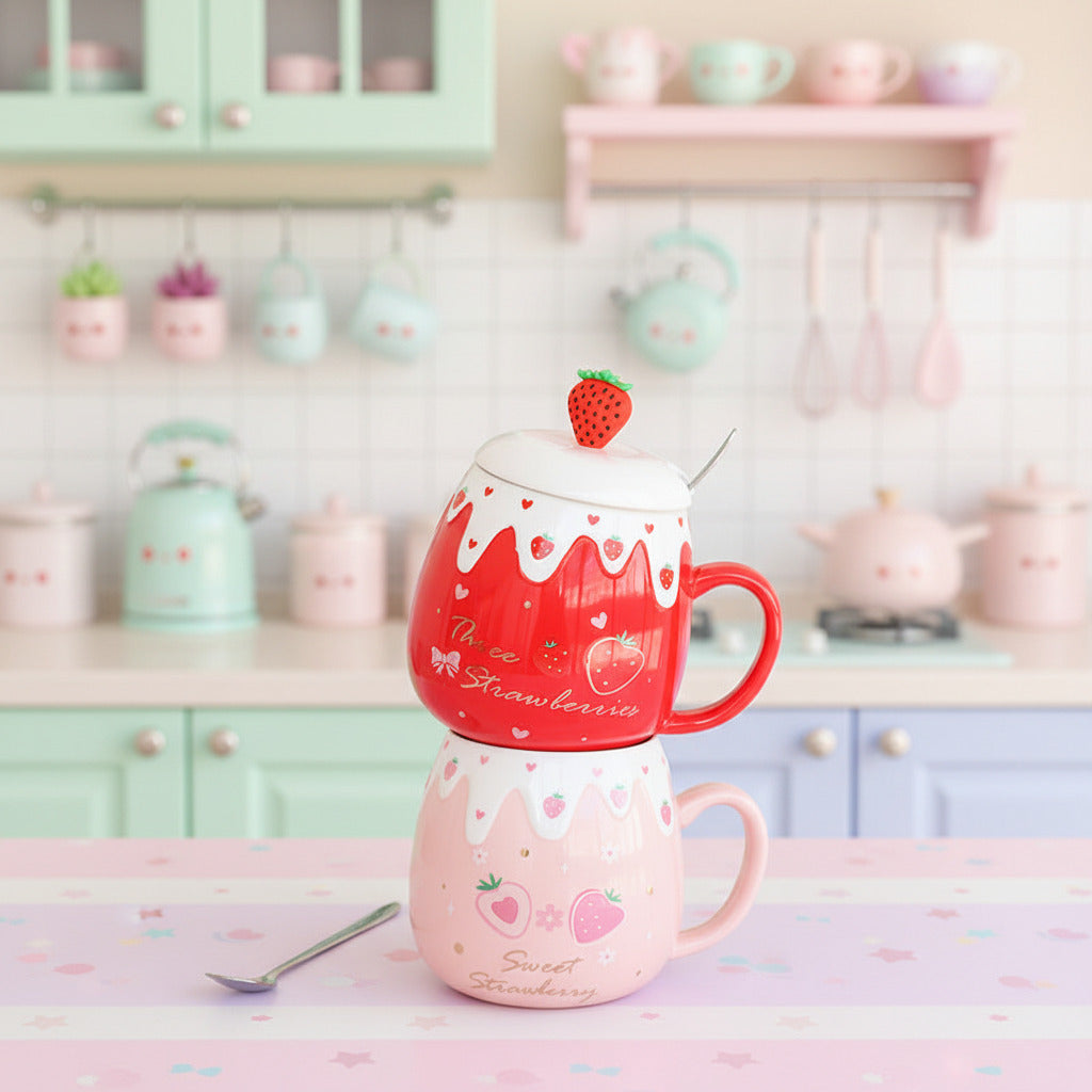Two stacked ceramic mugs with strawberry design on a light surface.