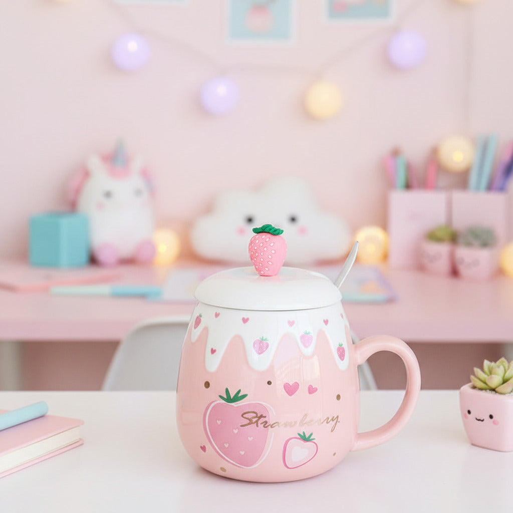 Pink mug with strawberry design and lid on a light kawaii surface