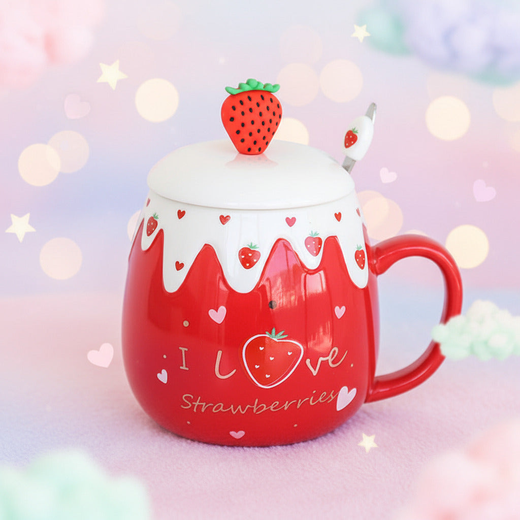 Red mug with strawberry design and lid on a light fuzzy surface
