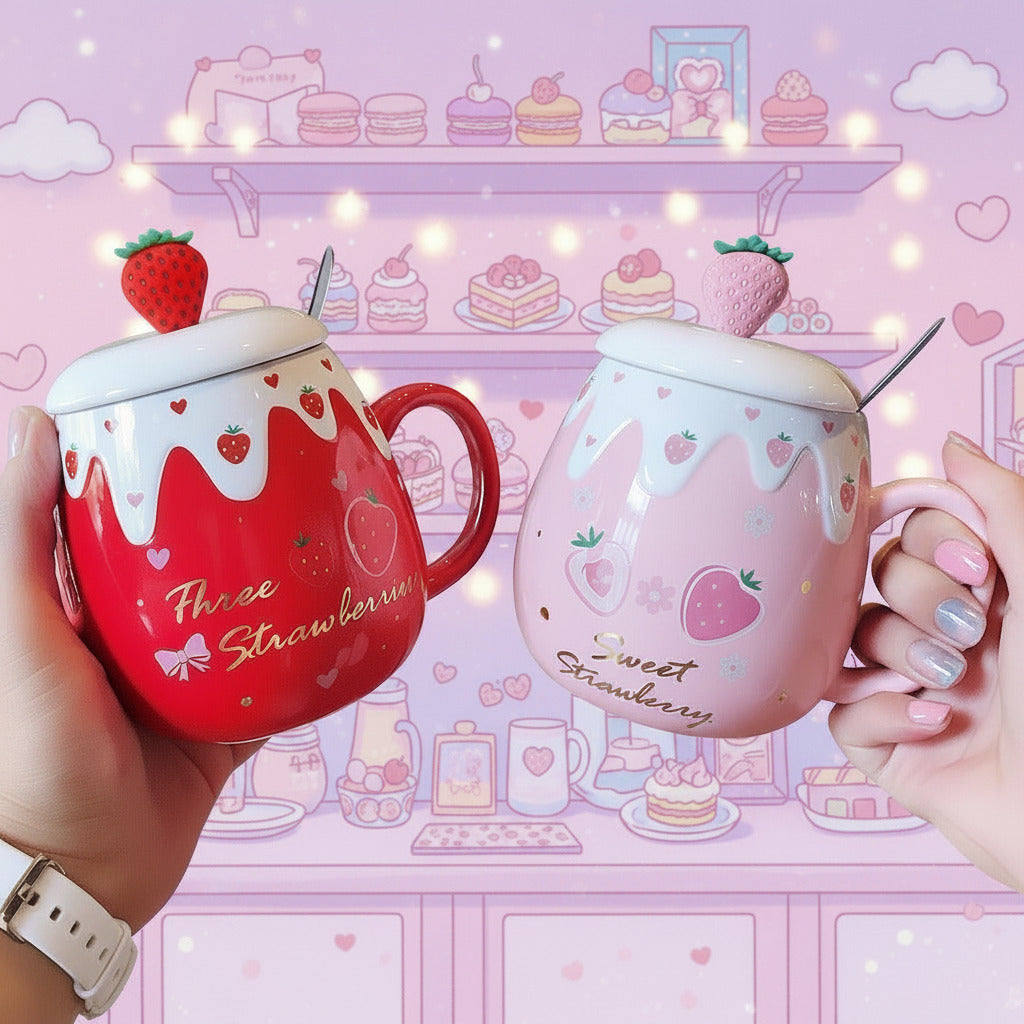 Two kawaii aesthetic strawberry-themed mugs held by hands in a bakery setting.