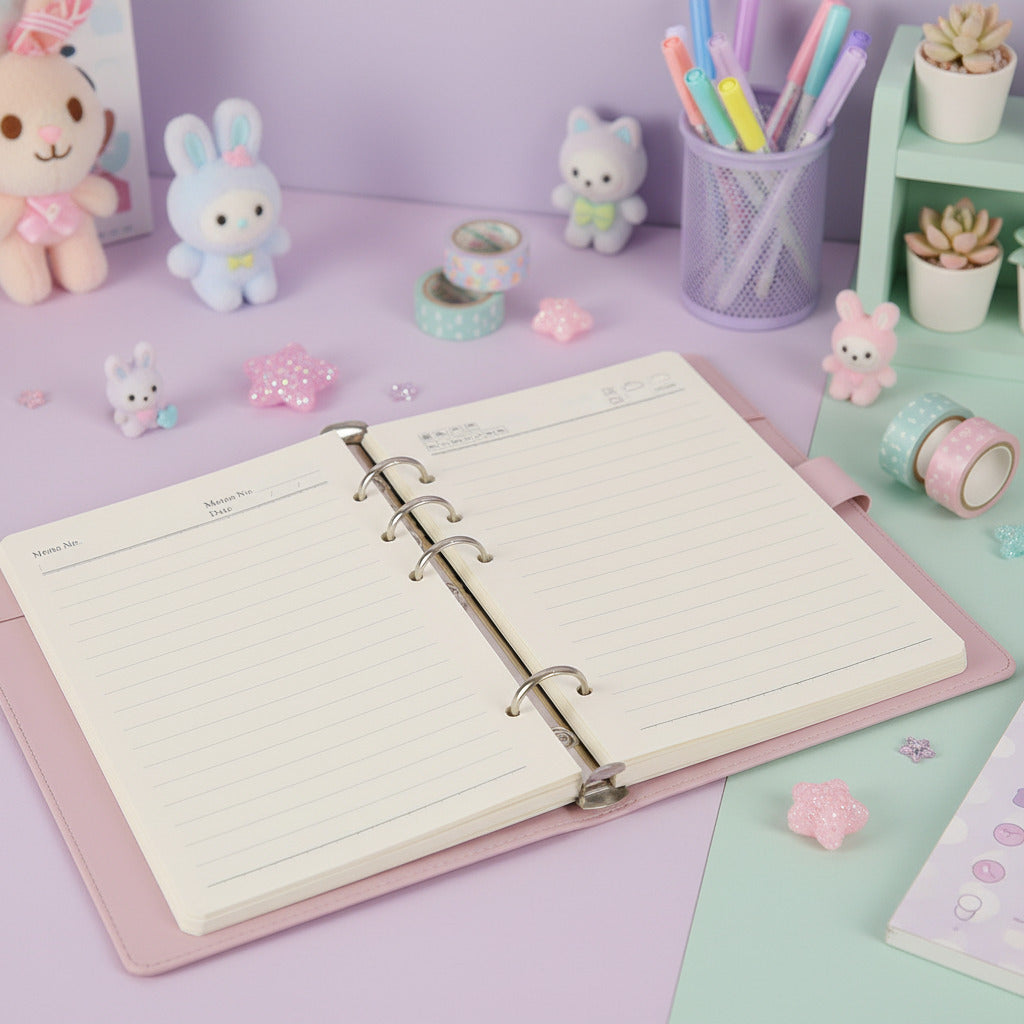 Open kawaii ring binder notebook displayed on a wooden tabletop, featuring a clean aesthetic design perfect for journaling, planning, note-taking, school supplies, and cute Japanese-inspired stationery.