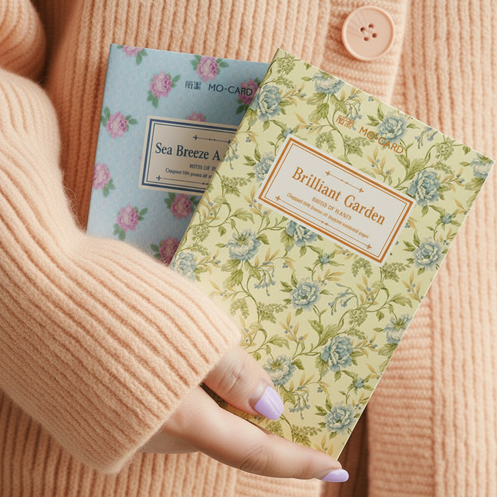 A hand wearing a ribbed peach colored knit sweater holds two floral Mo-Card stationery cards. The front card is cream with blue and green flowers and reads 'Brilliant Garden'; the back card is light blue with pink flowers and reads 'Sea Breeze Air'.