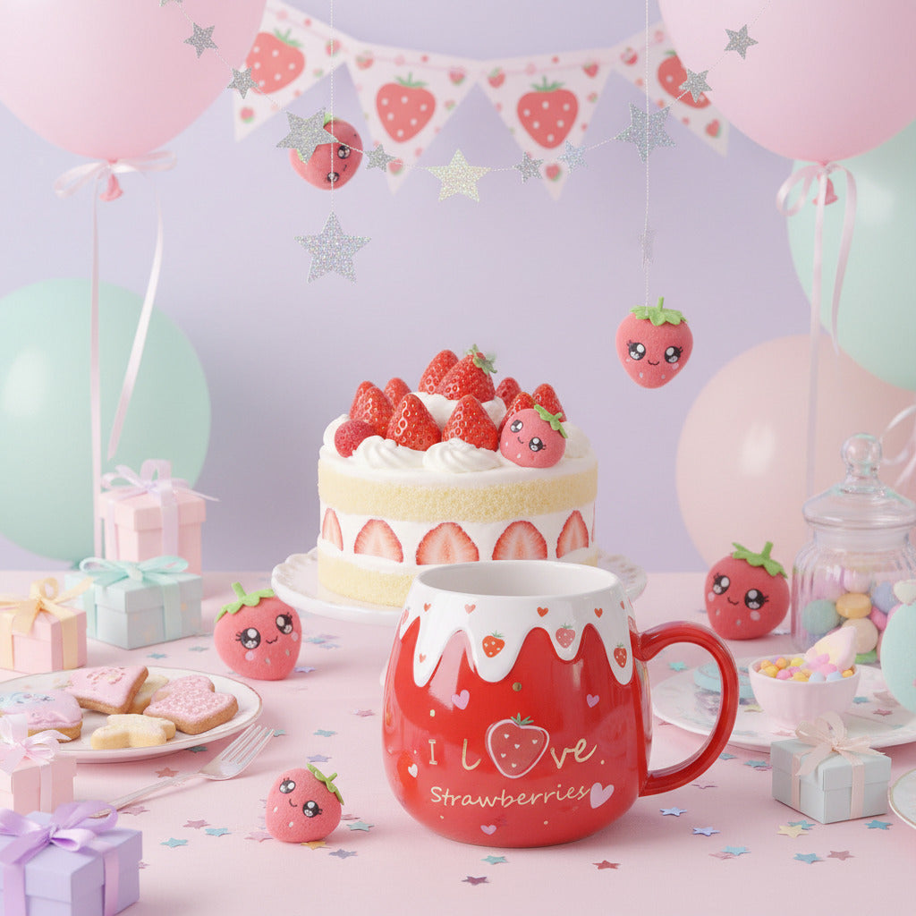 Red mug with strawberry design and 'I love strawberries' text on a white and pastel birthday party background