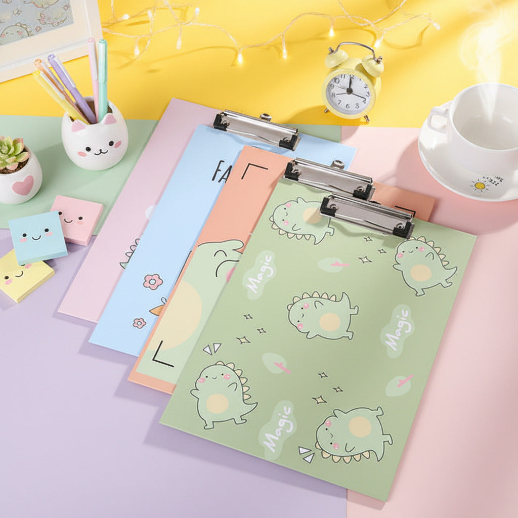 Four pastel clipboard folders with cute cartoon dinosaur prints and silver metal clips, arranged on a bright yellow surface with a white cup partially visible in the corner.