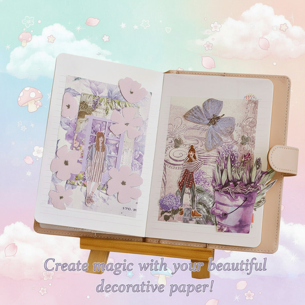 An open handmade journal or art notebook displayed on a small wooden easel, showing illustrated collage pages with pastel purple flowers, butterflies, and fashion-themed drawings. The background contains other colorful patterned fabric or paper swatches.