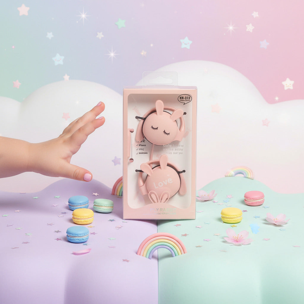 Pink baby earphones in a box on a white surface with decorative items in the background