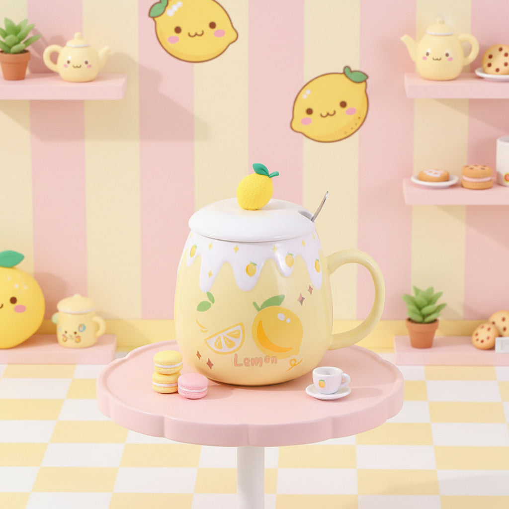 Yellow mug with lemon design on a pink and yellow lemon striped background
