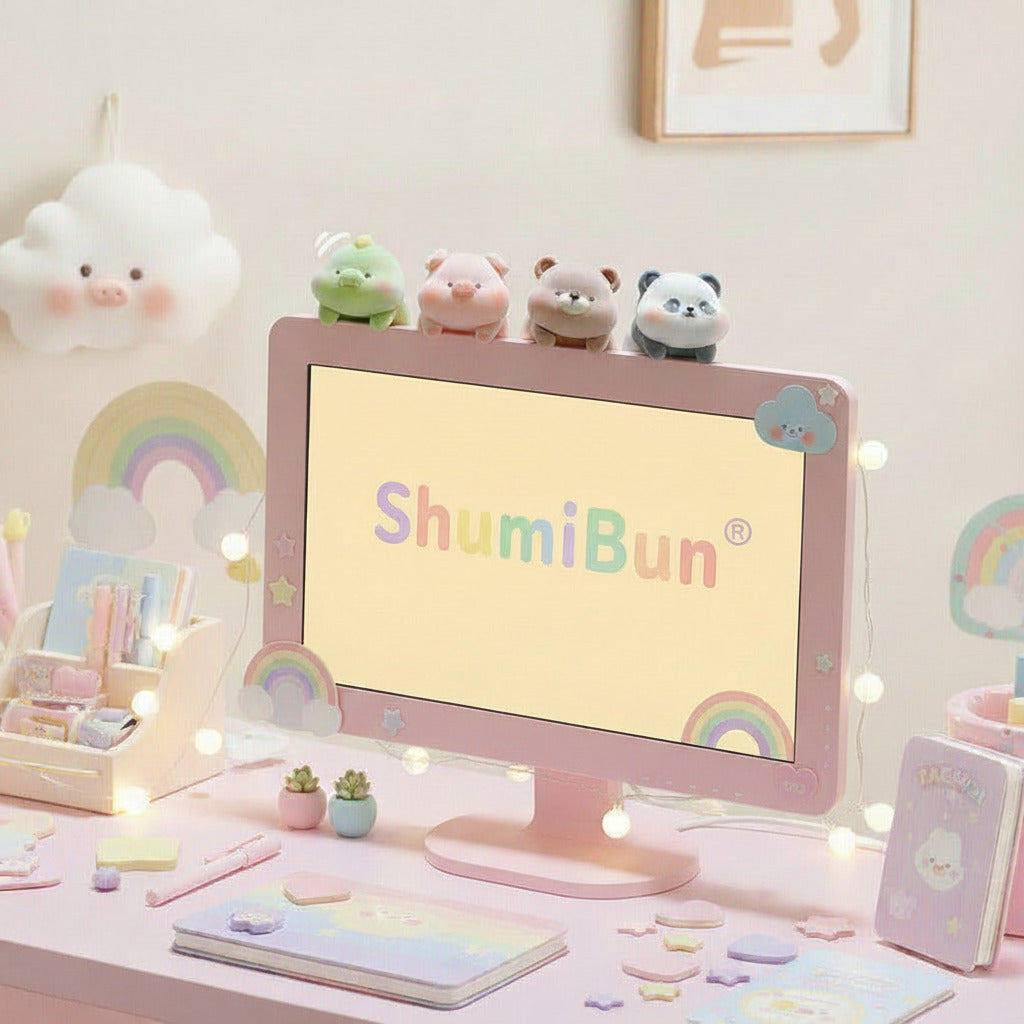 Four small animal figurines on a computer screen with ShumiBun branding