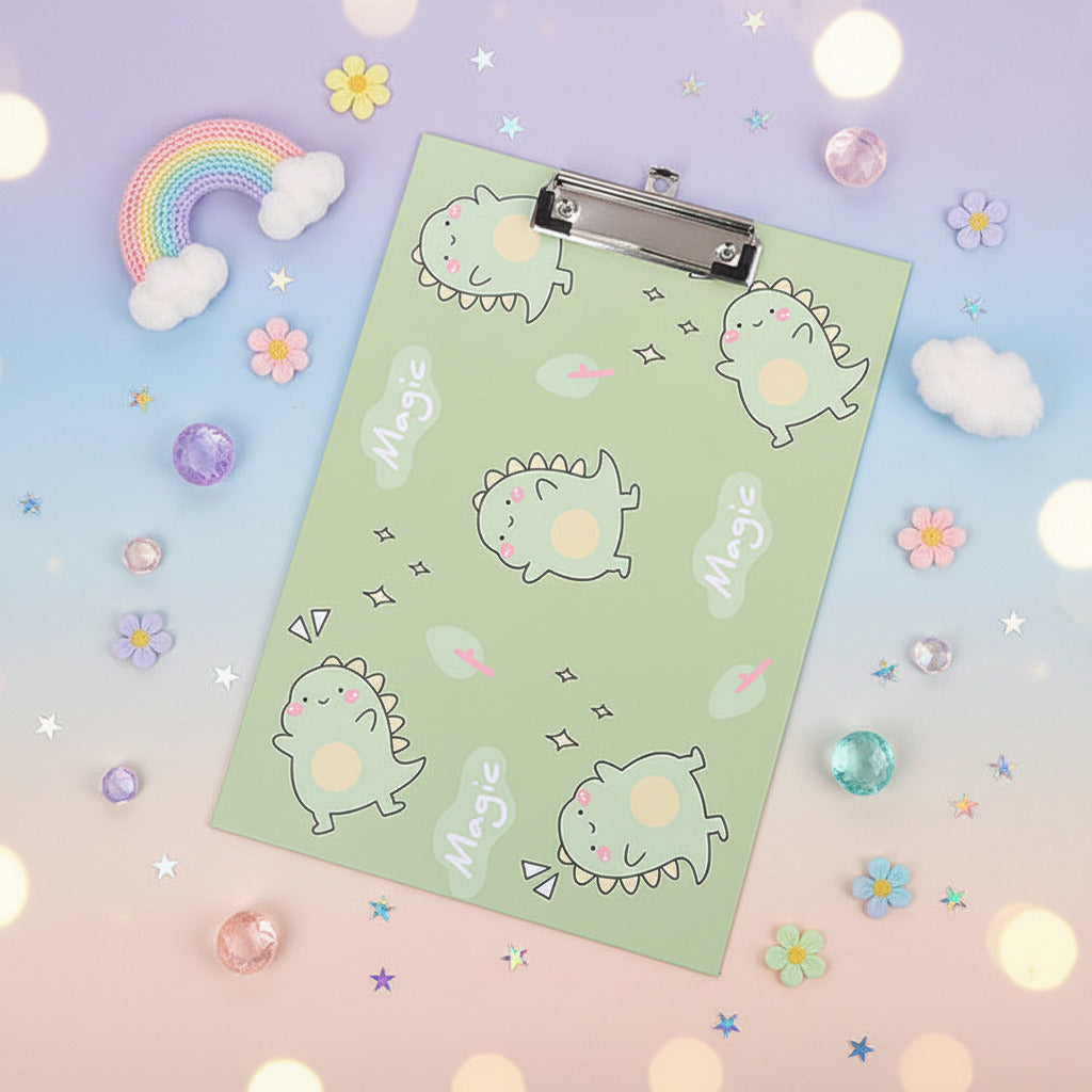 A pastel green clipboard with a cute cartoon dinosaur pattern and the word 'Magic' printed on it, held by a metal clip. The clipboard is photographed on a pink surface with a white grid mat, a lace doily with a small figurine, and a lined notebook partially visible.