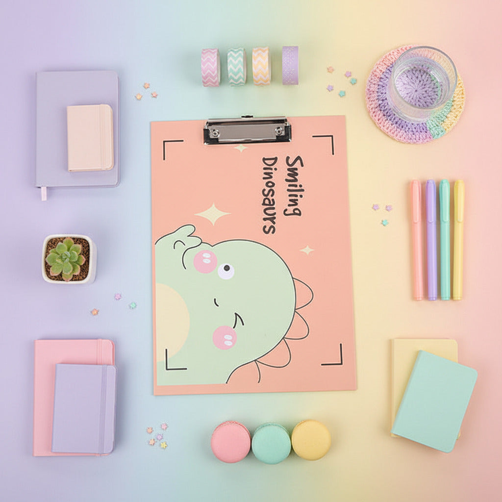 A pastel pink clipboard with a cute cartoon dinosaur design and the words 'Smiling Dinosaur' on a pink background, styled with a lace doily and a lined notepad.
