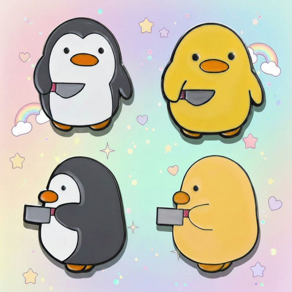 Four cartoon penguins and ducks holding hands on a white and pastel kawaii background