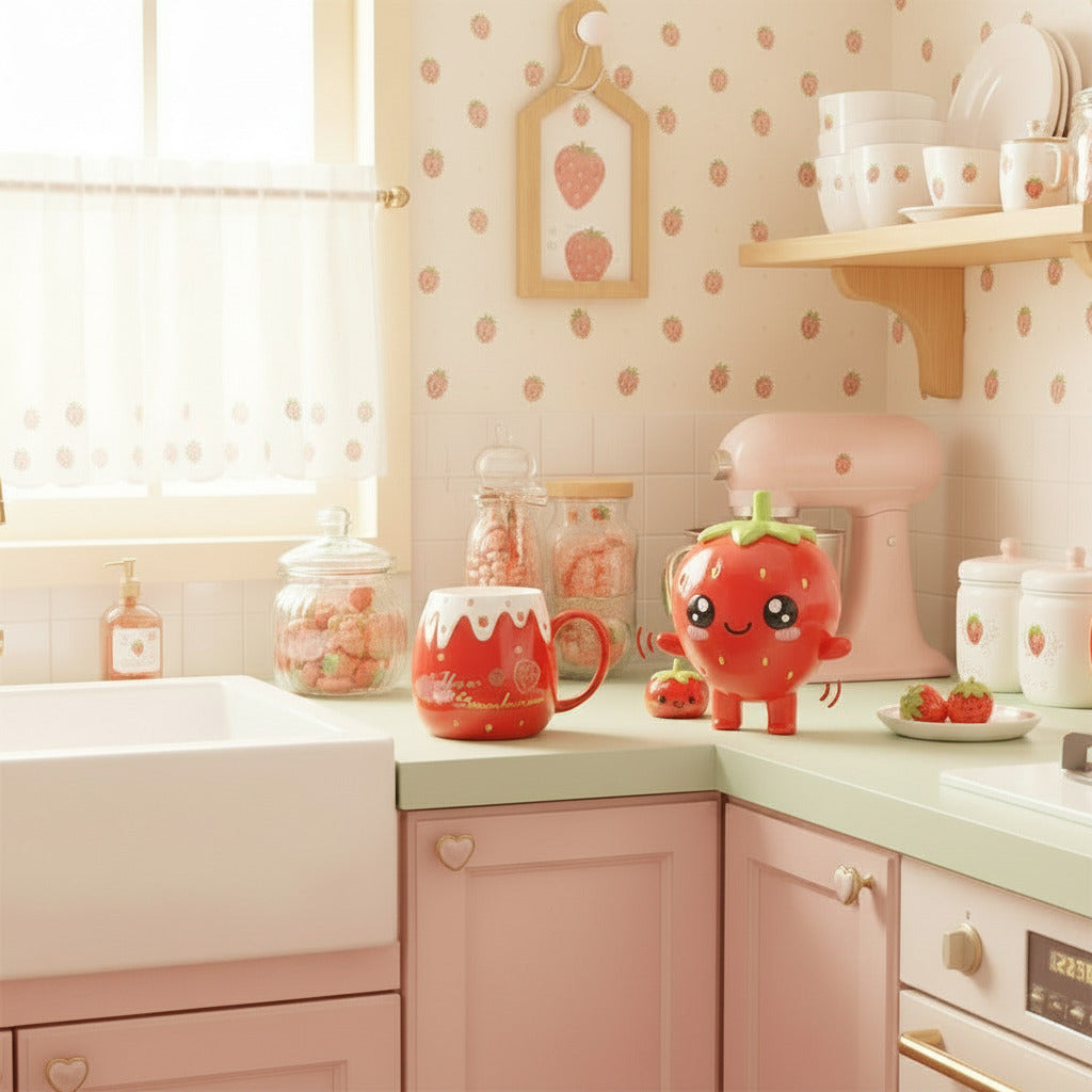 Red mug with strawberry design and 'Three Strawberries' text on a white and pastel pink background and it takes place in a kawaii aesthetic kitchen