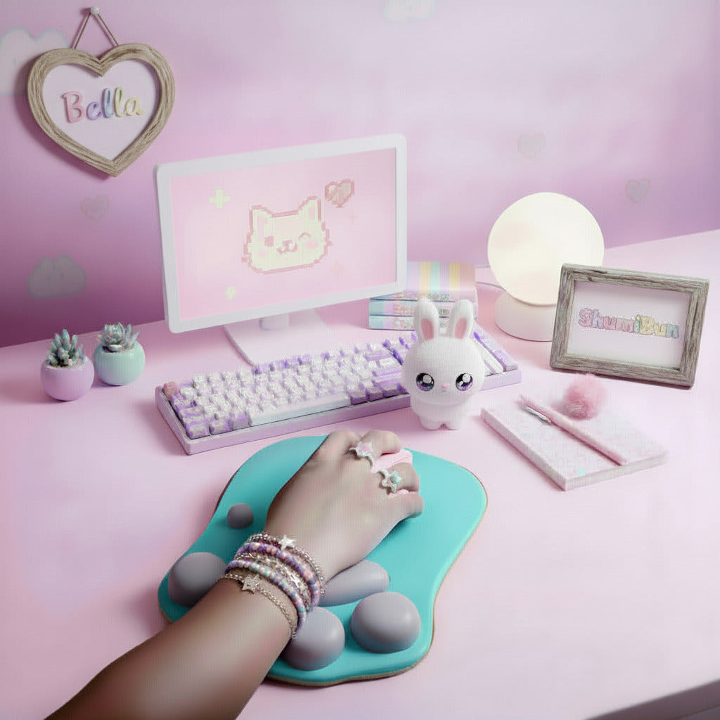 A hand uses a pink wireless mouse on a teal ergonomic mouse pad with small beige eggs, set on a pink desk with a pastel keyboard, monitor, lamp, and notepad against a pink wall. The name Bella is framed on the wall in a heart-shaped driftwood frame.